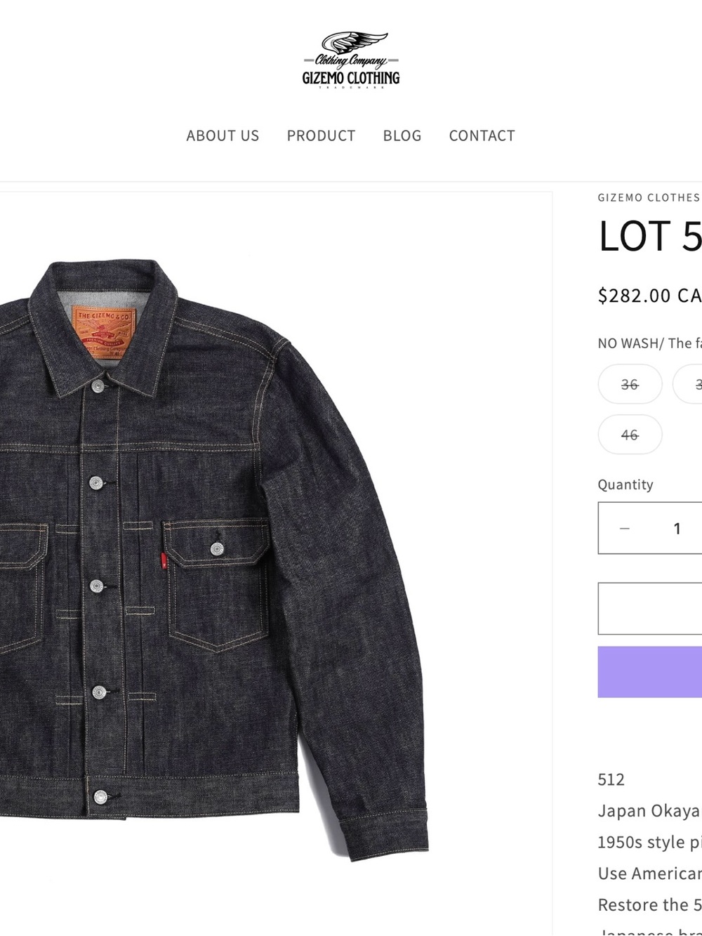 Gizemo Lot512 Type 2 Raw selvedge denim jacket with Japanese fabric